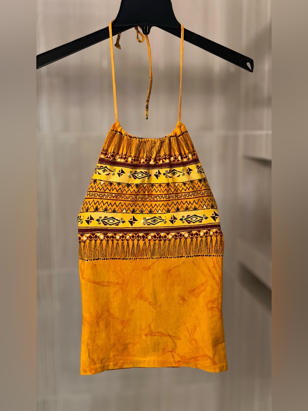 Vintage Sinéquanone Yellow Geometric Tribal Print Halter Top Made in France